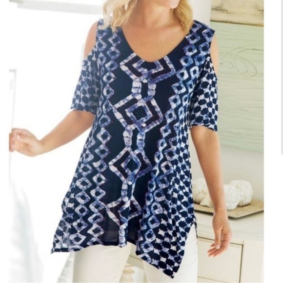 Soft Surroundings Tops - Soft Surroundings blue printed beaded cold shoulder top, size small